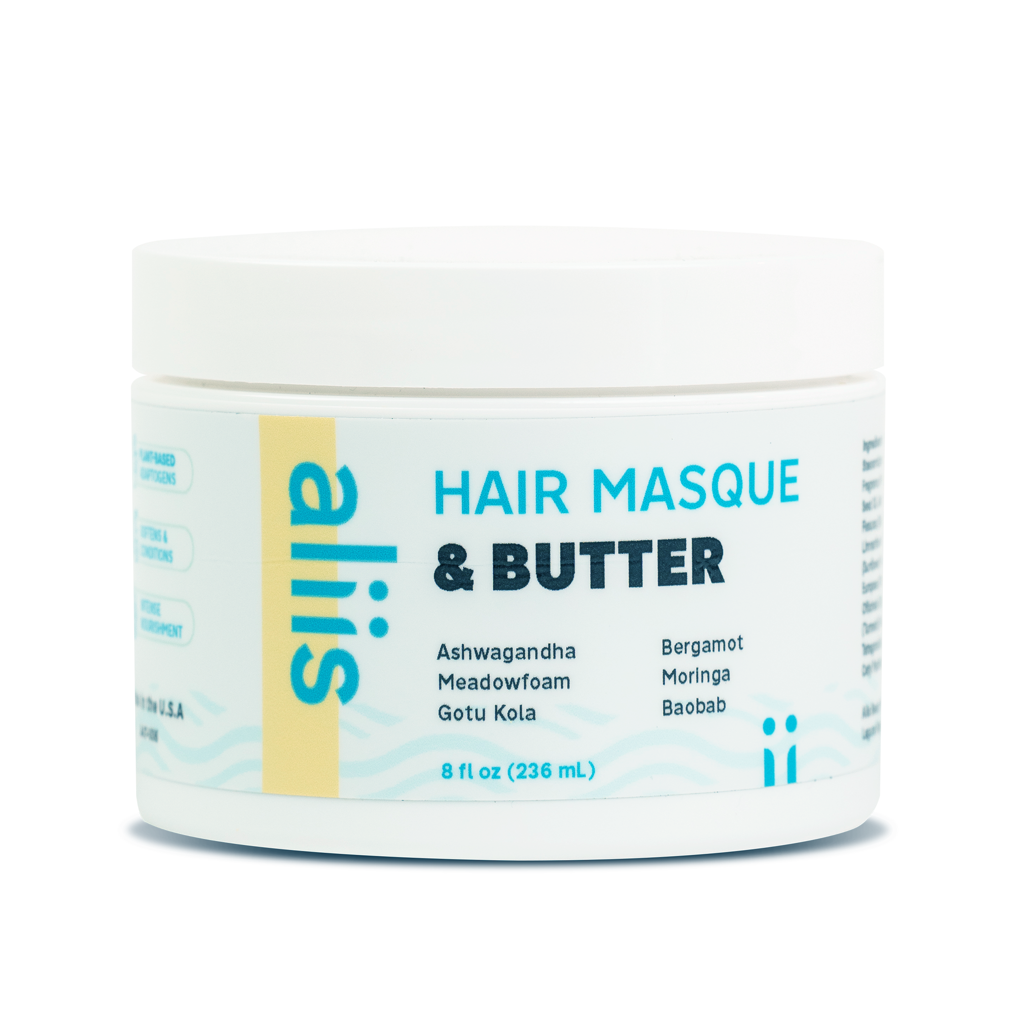 A container of Aliis Hair Masque & Butter with a white background, featuring product name and key ingredients such as Ashwagandha, Baobab, and Citrus.