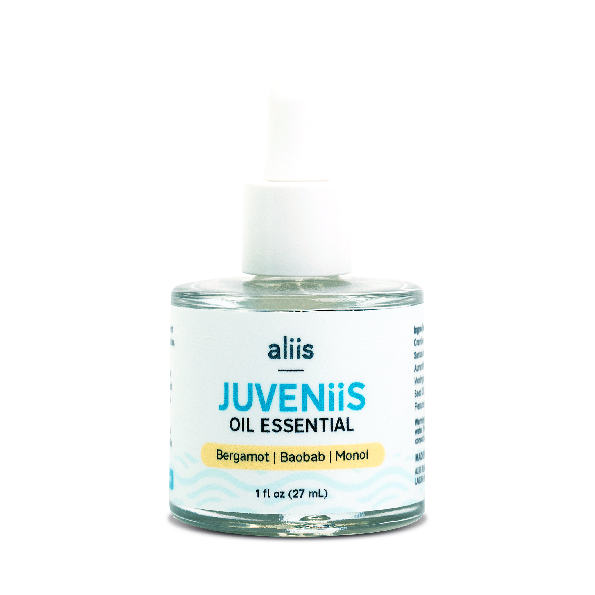 A clear glass bottle with a dropper, labeled 'Juveniis Oil Essential' by Aliis, with the scents Bergamot, Baobab, and Monoi indicated on the label.